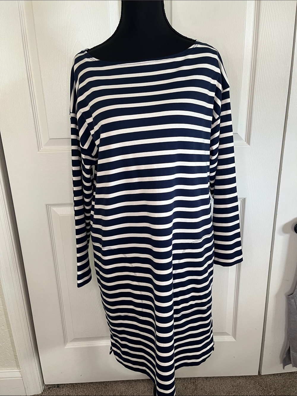 Spanx Cool Cotton Boat Neck Navy White Striped Dress Pockets Nautical Coastal M